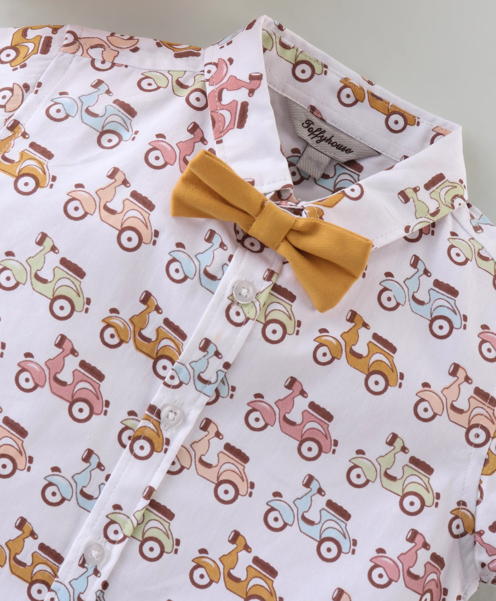 Half Sleeves Shirt & Shorts Set With Qwerky Suspender & Bow Scooter Print - White & Brown