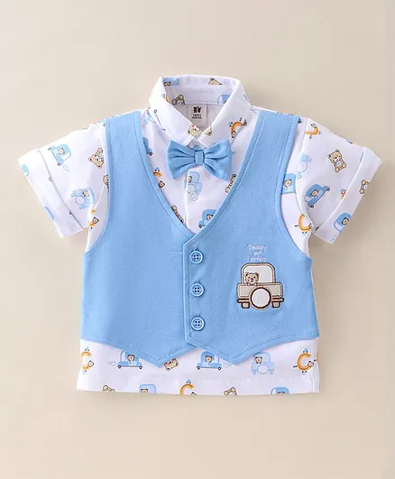 Cotton Half Sleeves T-Shirt with Attached Waistcoat & Shorts Bear Embroidered Maya Blue
