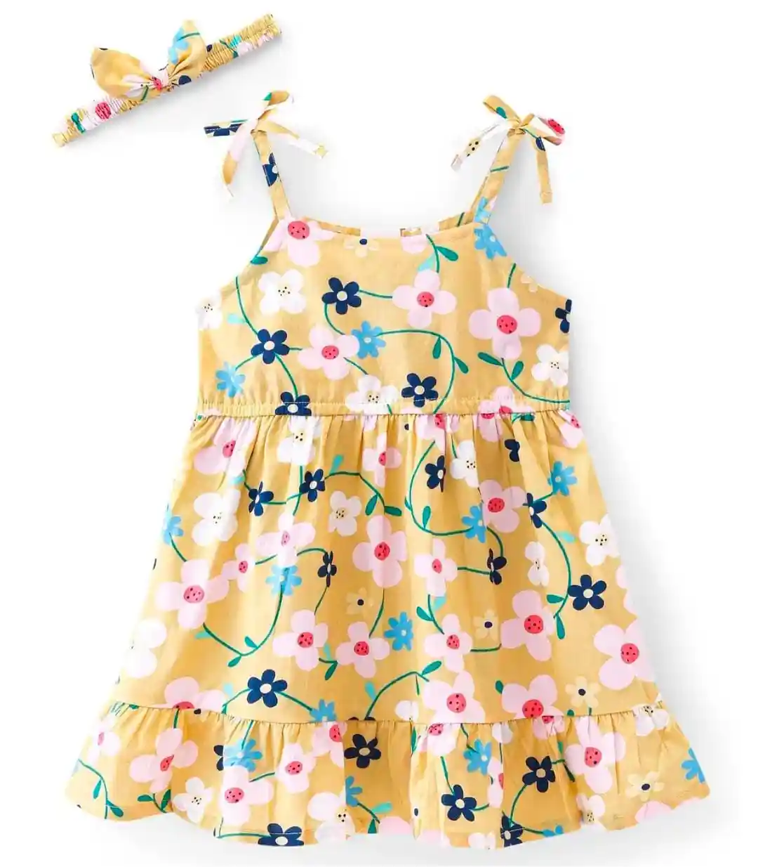 100% Cotton Woven Sleeveless Floral Printed Frock with Headband -Yellow