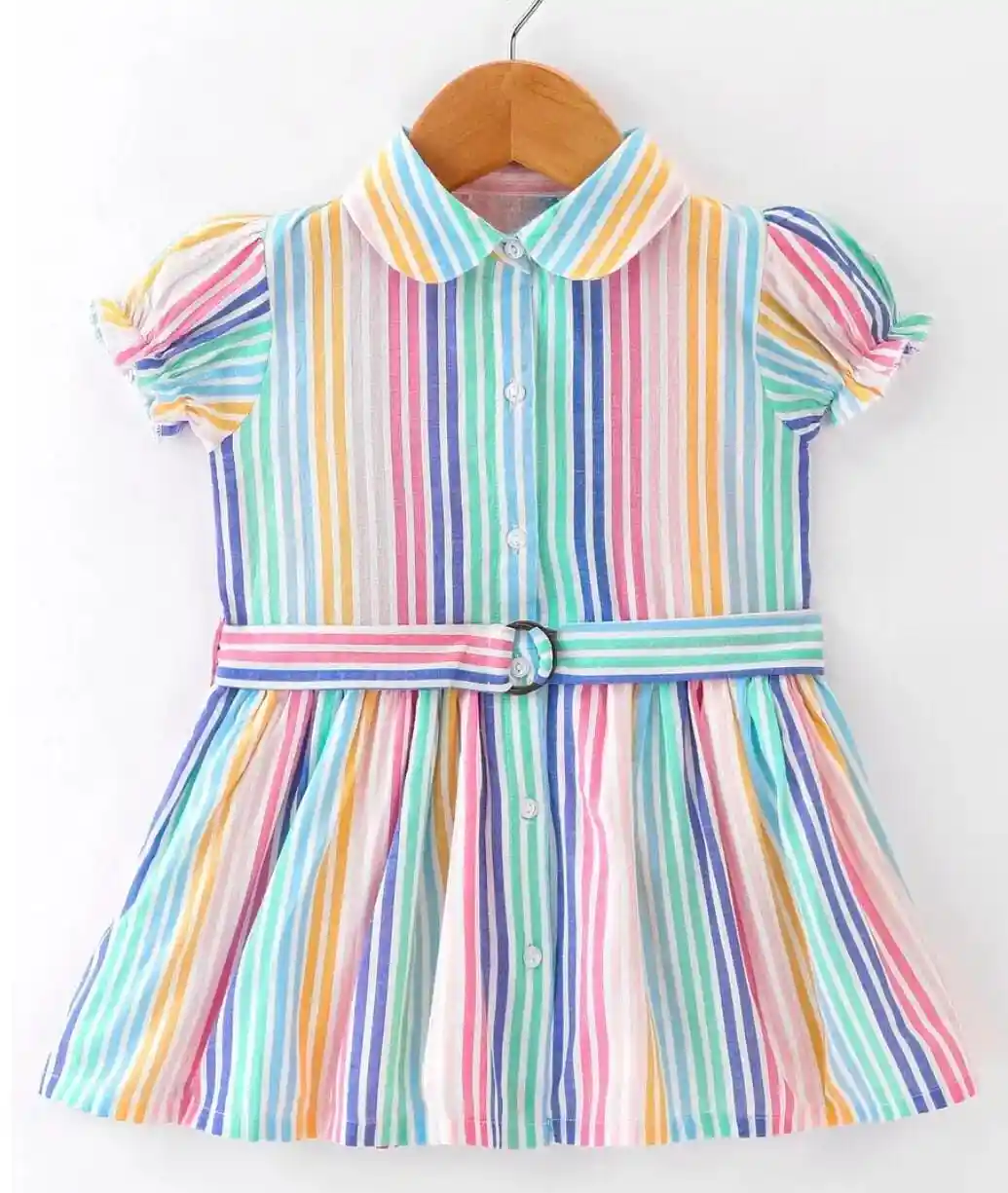 100% Cotton Woven Yarn Dyed Half Sleeves Frock Striped Pattern with Belt - Multicolor