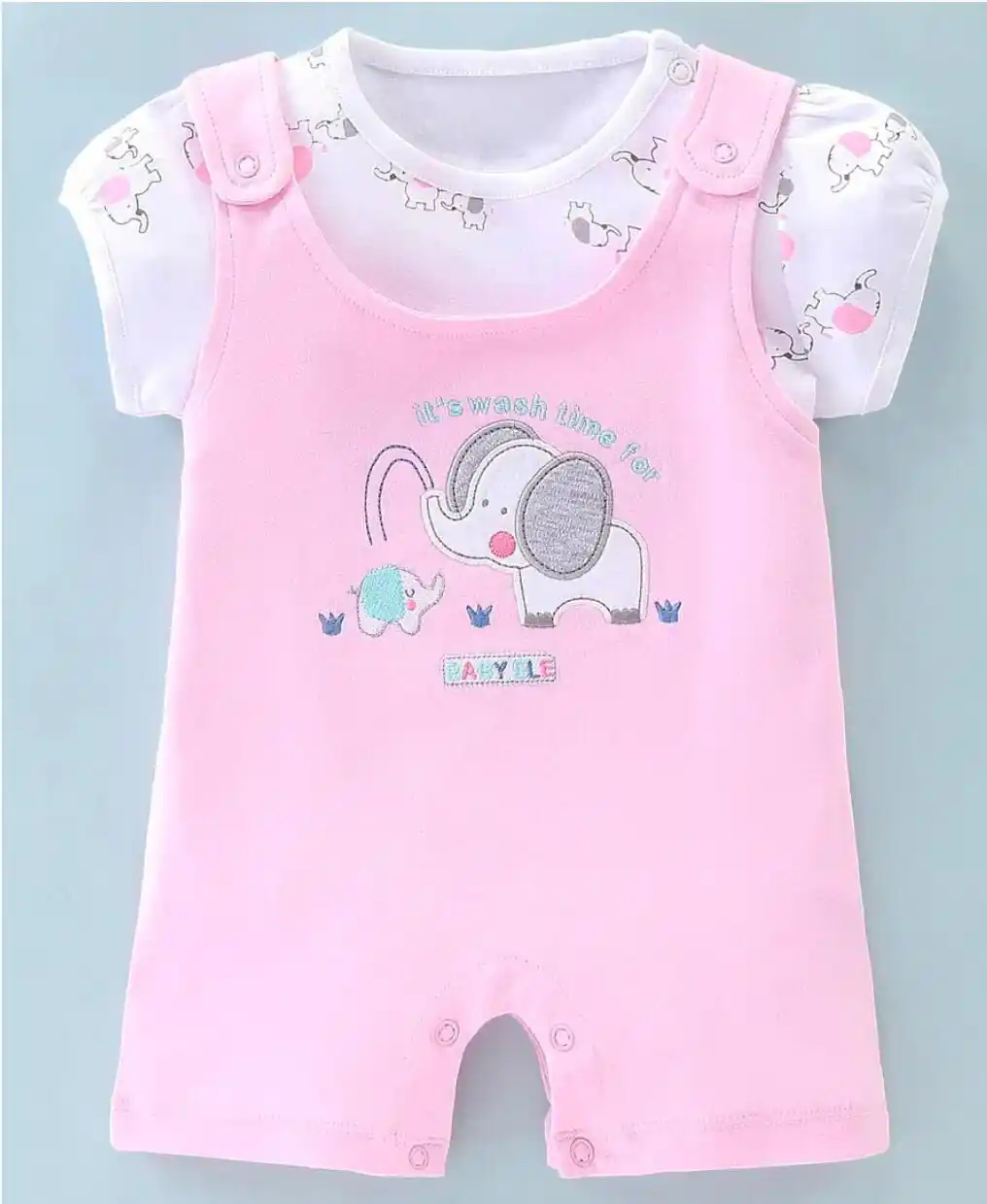 Cotton Knit Elephant Embroidered Dungaree Style Romper with Half Sleeves Inner Tee  Pink