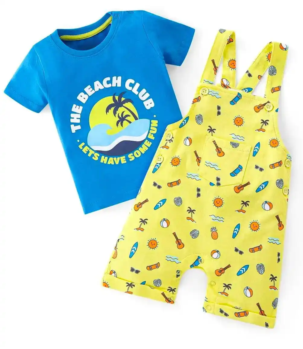 100% Cotton Knit Dungaree and Half Sleeves T-Shirt Set Beach Theme Print - Yellow & Blue