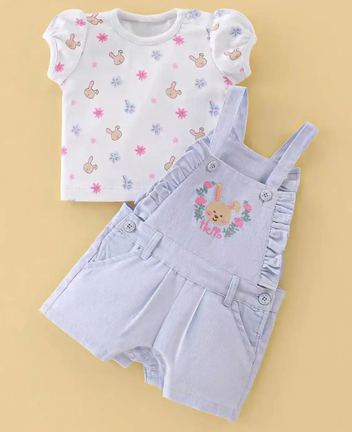 Cotton Knit Bunny Embroidered Dungaree with Half Sleeves Inner Tee Floral Print  Light Blue