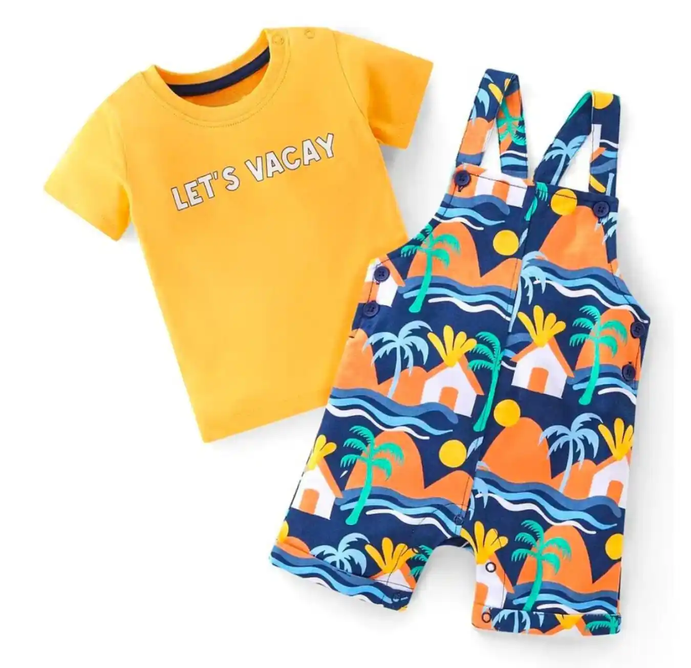 100% Cotton Knit Dungaree and Half Sleeves T-Shirt Set Blue & Yellow