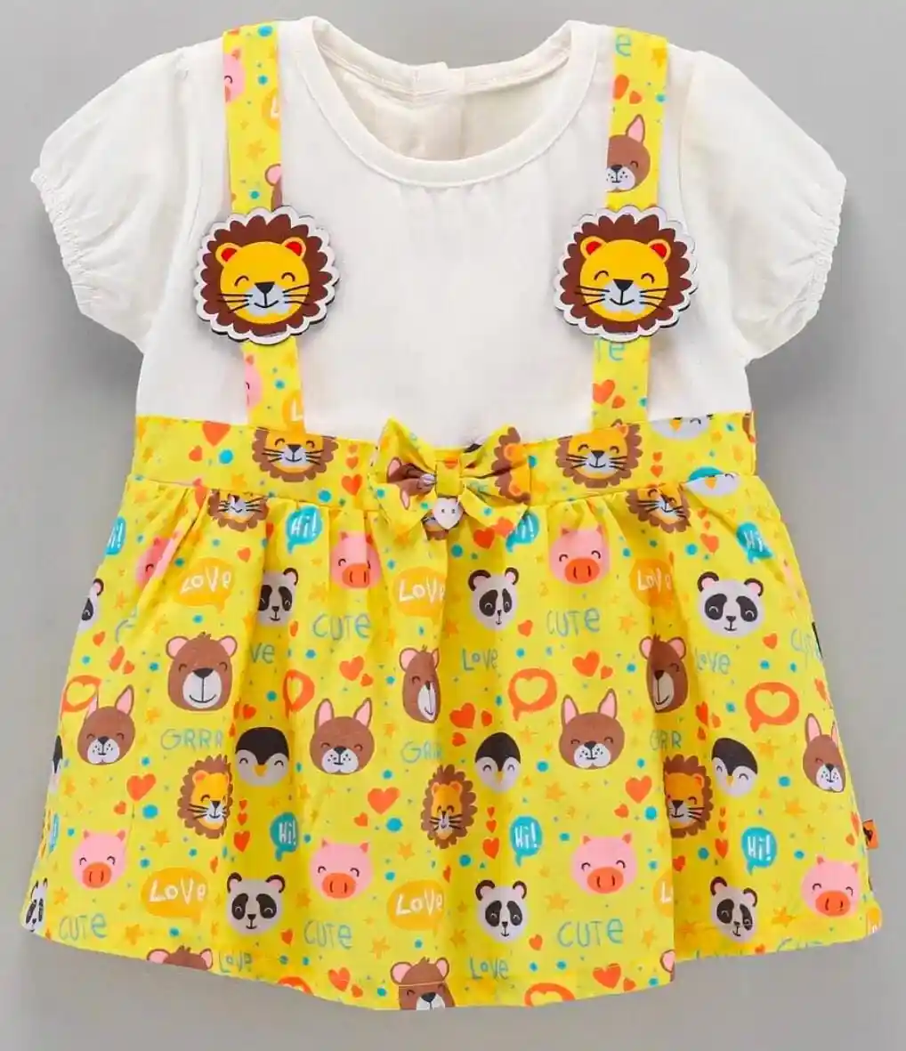 Short Sleeves Frock With Suspenders & Bow Applique Animal Print - Yellow