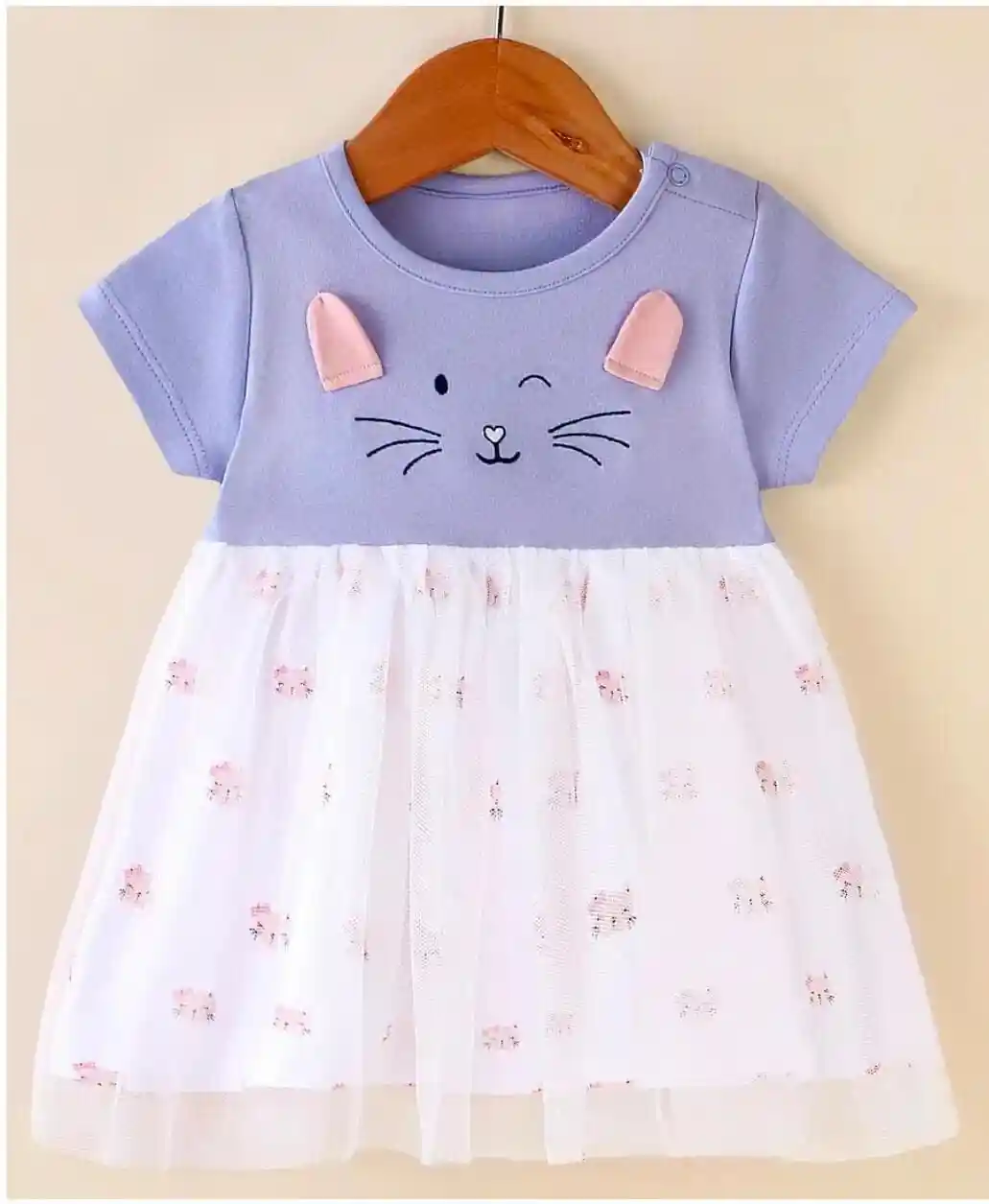 Cotton Knit Half Sleeves Frock with Kitty Print