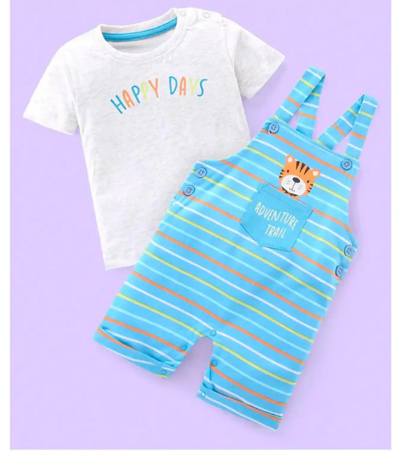 100% Cotton Knit Dungaree & Half Sleeves T-Shirt Set Text Print With Striped Blue & White