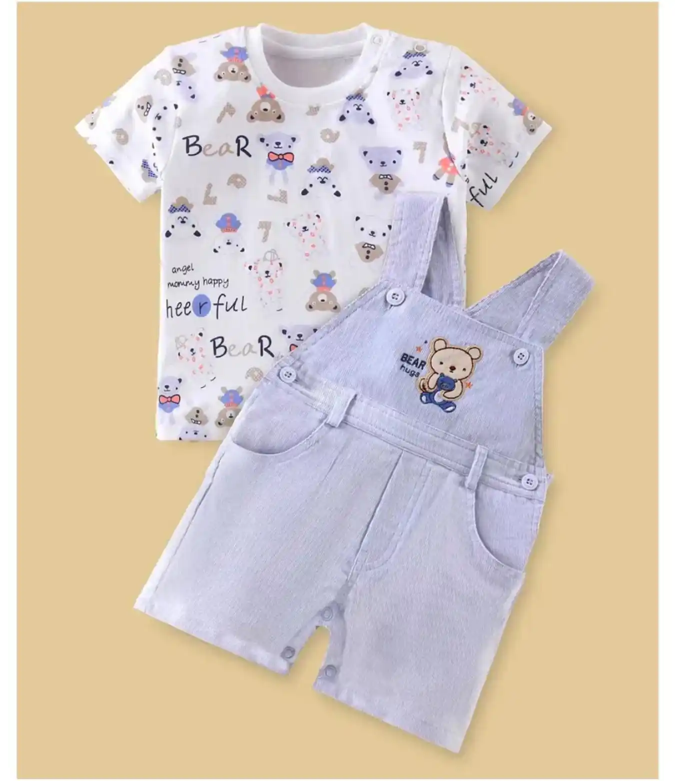 Cotton Embroidered Dungaree with Half Sleeves Inner Tee Teddy Printed Light Blue