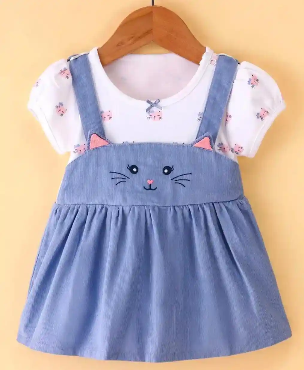 Cotton Knit Half Sleeves Frock with Kitty Print - Blue & White