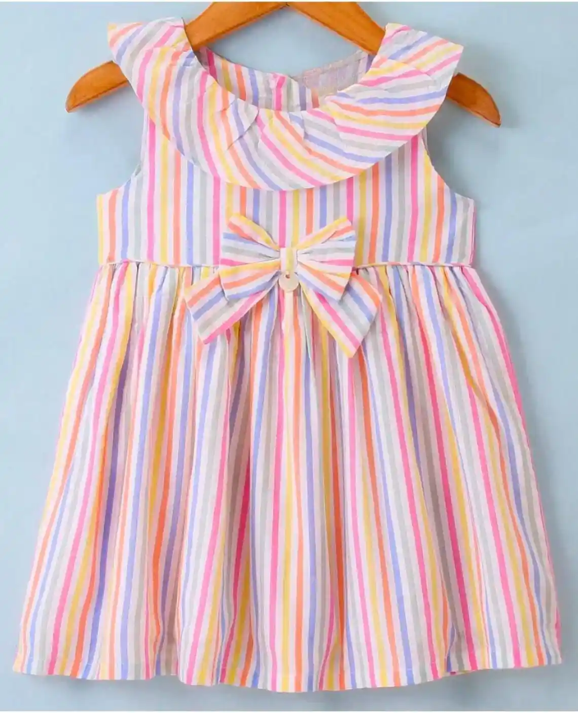 100% Cotton Knit Sleeveless Frock with Striped Pattern & Bow Applique - Multicolour