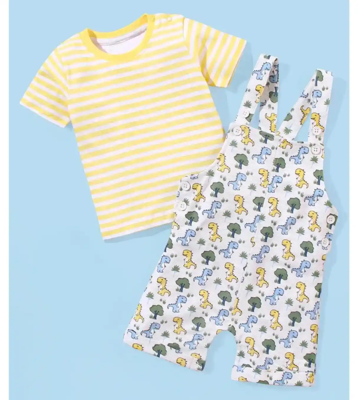 100% Cotton Knit Dungaree and Half Sleeves T-Shirt Set Yellow & Light Blue