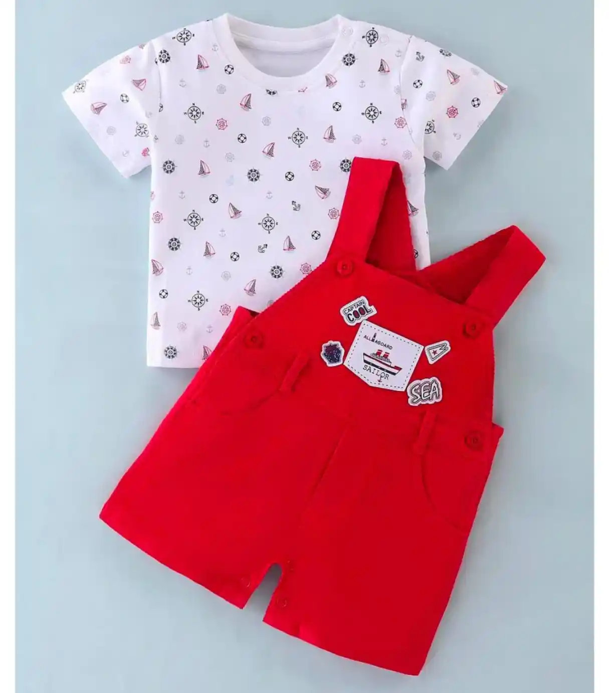 Cotton Knit Half Sleeve T Shirt Dungaree Print Red And White