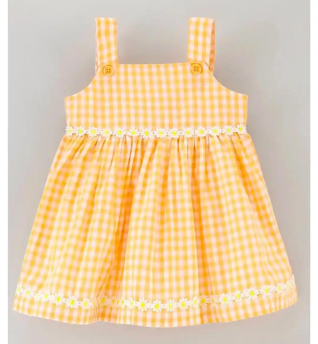 Checks Frock With Flower Applique - Yellow