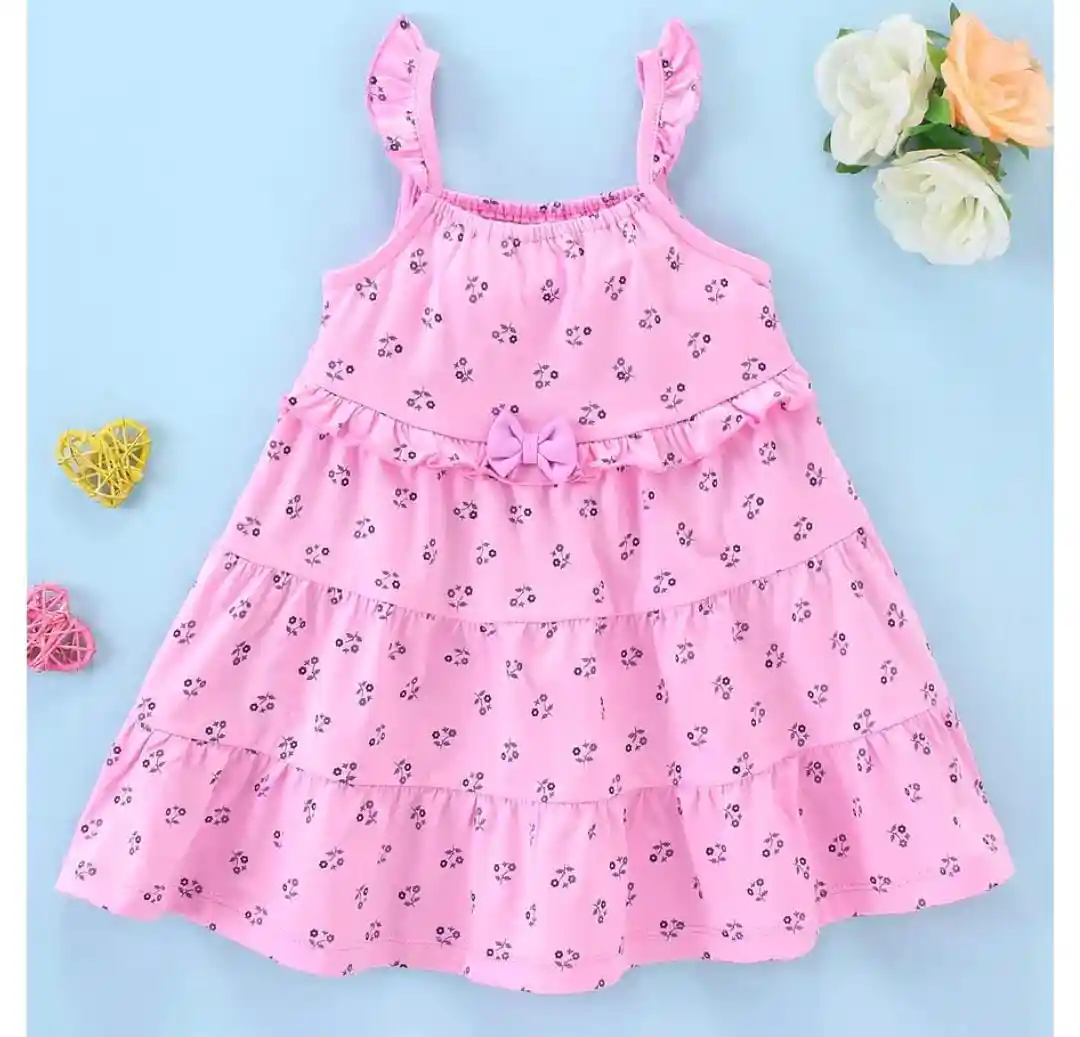 100% Cotton Knit Sleeveless Frock Floral Print with Bow Applique - Pink