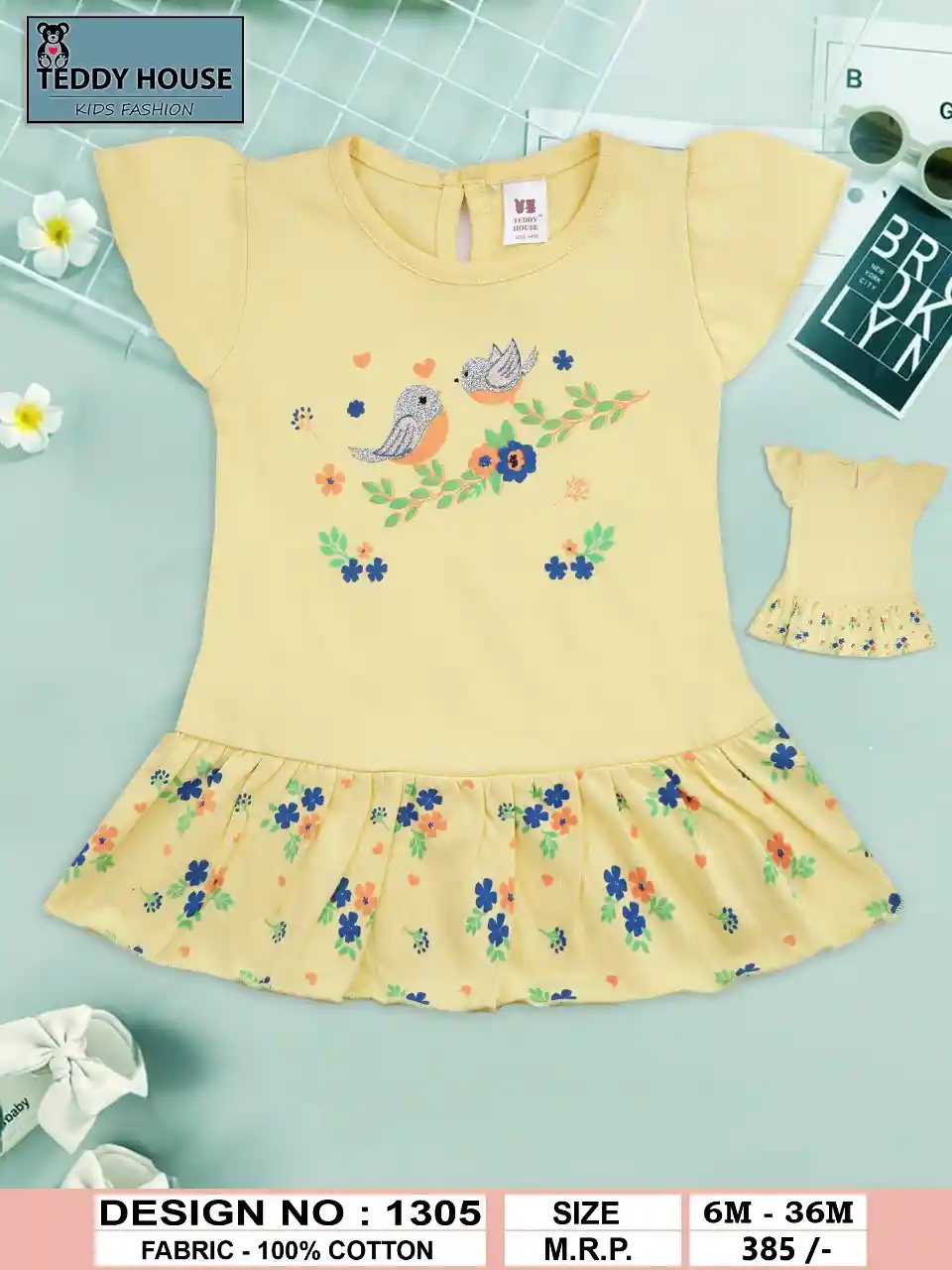 Cotton Bird Print Casual Dress with Bloomer in Yellow Color